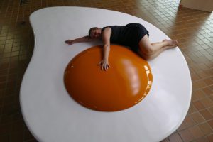 Renata Green on a sculpture at the Open Air Museum In Hakone, Japan