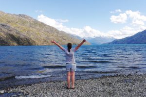 Renata Green standing on the shore of Lago Puelo close to El Bolson on a day trip from Bariloche,