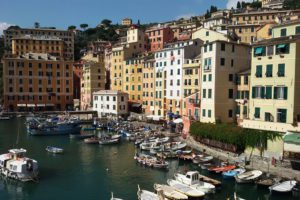 View of the port of the colorful beach town of Camogli