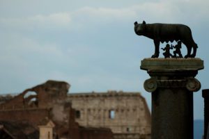 Colosseum and Romolus and Remus Statue in Rome
