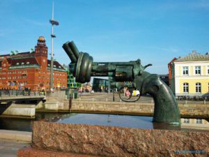 Sculpture"Non-Violence" by Carl Fredrik Reuterswärd in Malmö, Sweden